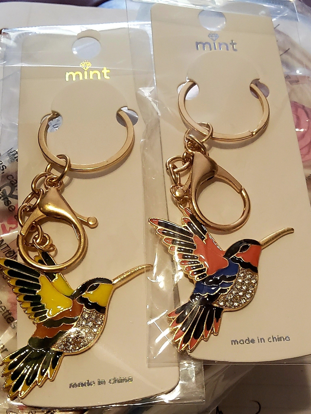 Mint Gold Hummingbird Keychain Pair